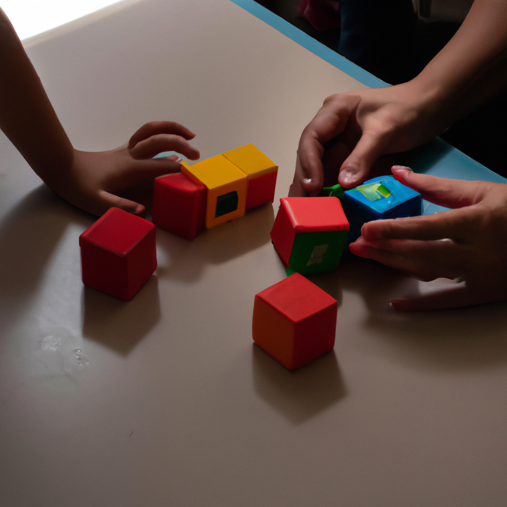 Teacher guiding a child to count colorful blocks in a high-contrast, minimalist classroom.