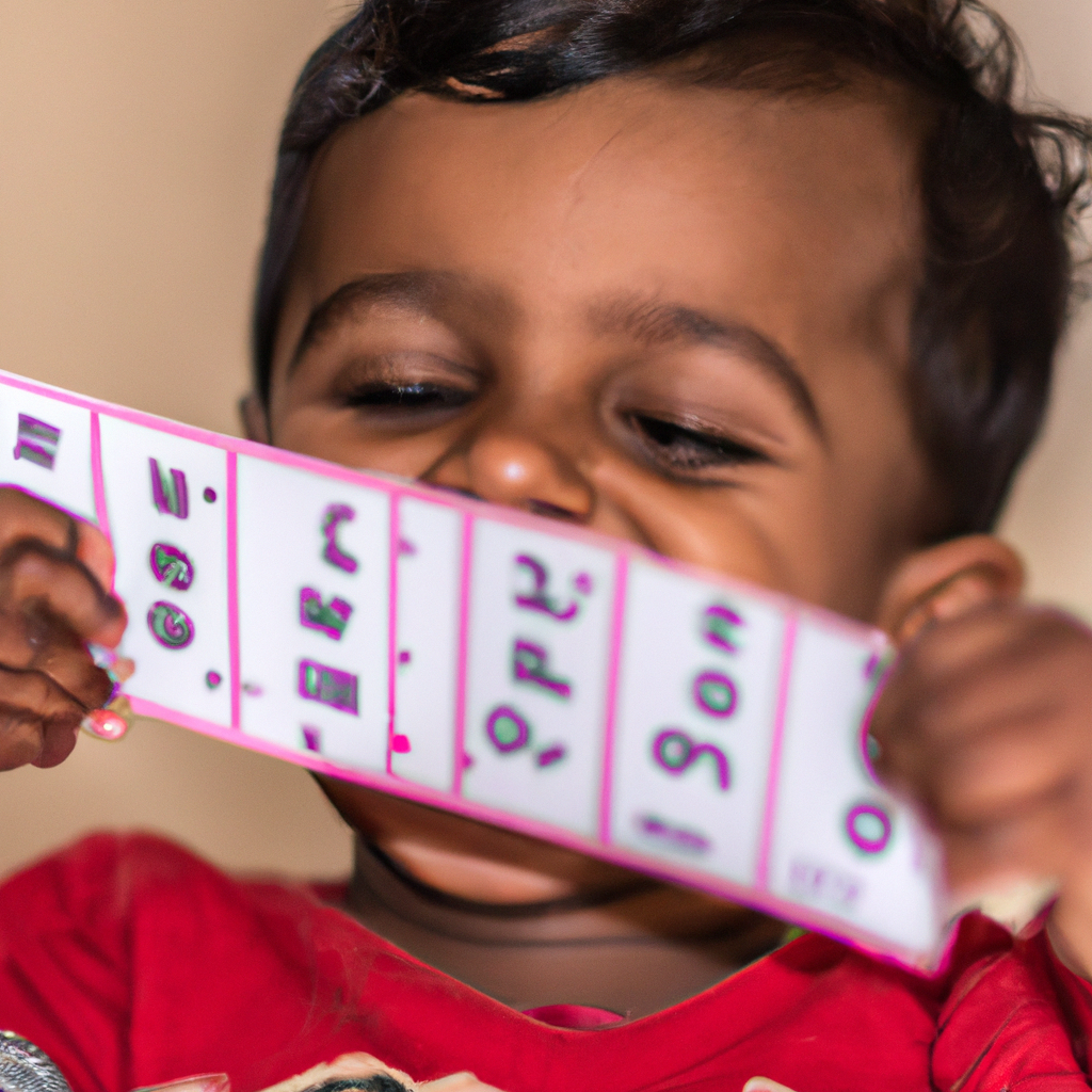 Young child smiling while learning letters with flashcards in a bright, minimalist setting.